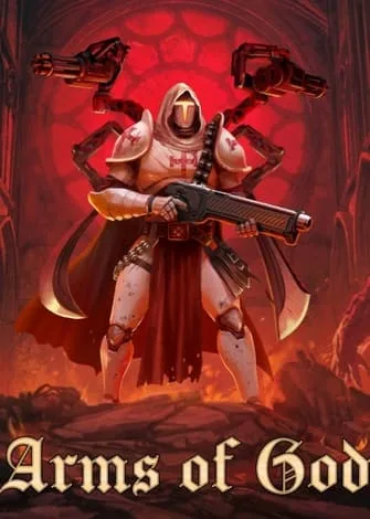 Personagem com armadura branca e capa vermelha, segurando uma arma, fundo vermelho com fogo.