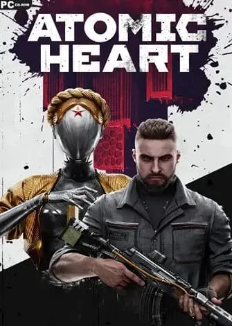 Capa do jogo Atomic Heart com personagem humano e robô ao fundo.