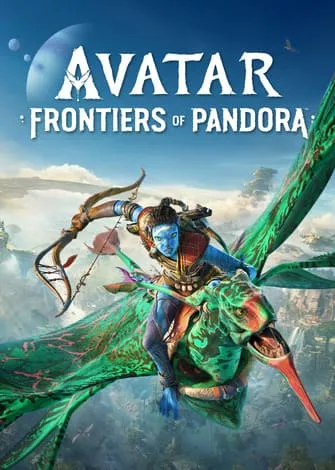 Personagem azul de Pandora voando com uma criatura alada verde e vermelha.