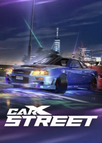 Carro esportivo azul em alta velocidade na rua de cidade à noite com luzes neon.