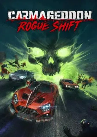 Capa do jogo Carmageddon: Rogue Shift com carro esportivo vermelho e skull verde ao fundo.