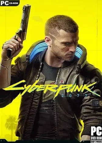 Personagem com arma na mão, vestindo jaqueta, fundo amarelo, do jogo Cyberpunk 2077.