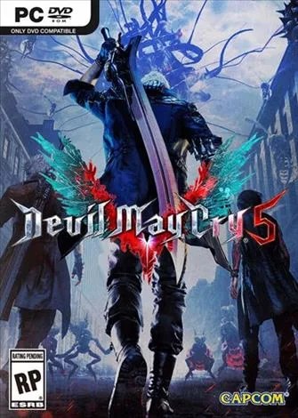 Capa do jogo Devil May Cry 5 com personagem segurando uma espada grande em cenário sombrio.