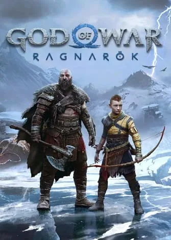 Kratos e Atreus em cenário congelado com raios e montanhas ao fundo.