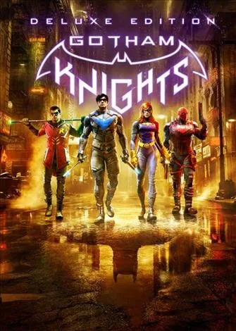 Capa do jogo Gotham Knights com quatro personagens principais em uma rua iluminada.