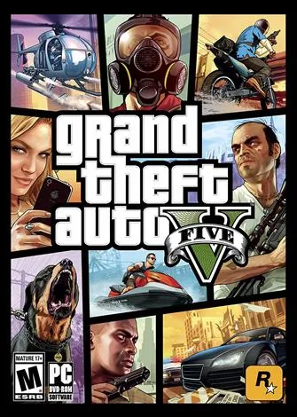 Capa do jogo Grand Theft Auto V com personagens, veículos e cenas urbanas.