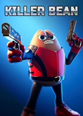 Personagem de Killer Bean segurando duas armas, com fundo azul e título do jogo.