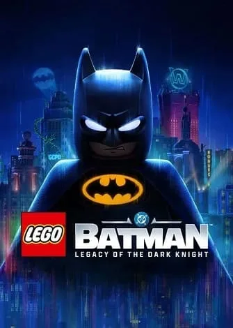 Lego Batman com fundo da cidade de Gotham à noite, destaque para o logo do jogo.