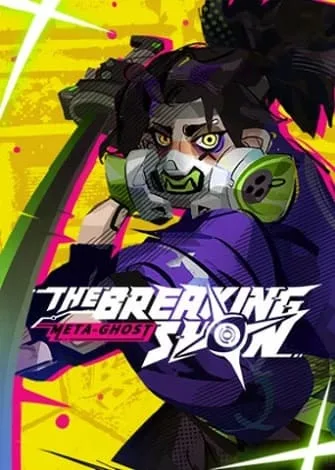 Personagem com máscara de gás e cabelo colorido em estilo cyberpunk, fundo vibrante.