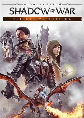 Capa do jogo Shadow of War com dois personagens e dragão em fundo de nuvens.