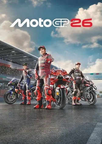 Pilotos de MotoGP posando com motos no circuito, logo do MotoGP 26 ao fundo.
