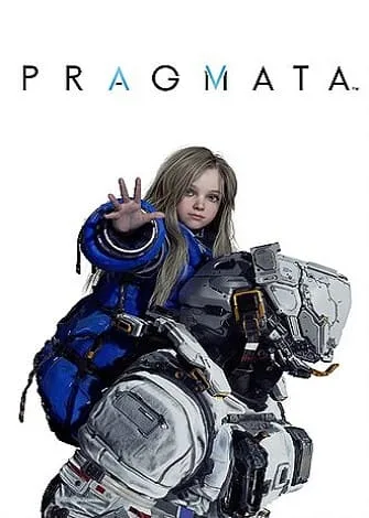 Personagem feminina com traje futurista e robô em cenário de jogo.