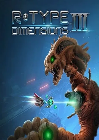 Capa do jogo R-Type Dimensions III com monstro gigante e naves espaciais em combate.