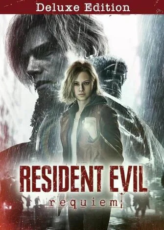 Capa do jogo Resident Evil Requiem com personagem feminina em destaque e fundo sombrio.