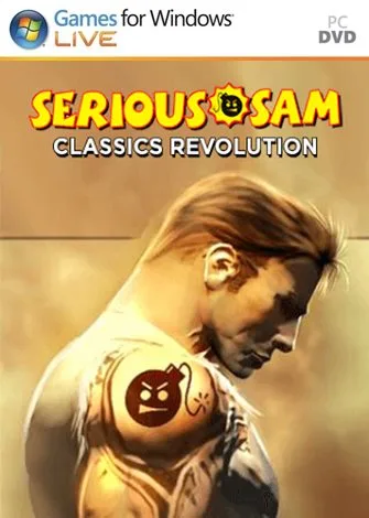 Imagem da capa do jogo Serious Sam Classics Revolution com personagem de perfil e tatuagem no braço.
