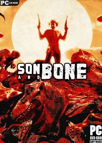 Cenário de jogo com dinossauros e uma figura misteriosa ao pôr do sol.