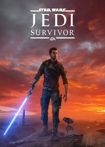 Personagem com sabre de luz azul em cenário de pôr do sol em Star Wars Jedi Survivor.