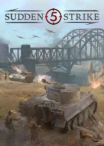 Cena de guerra com tanque, soldados e ataque aéreo em uma ponte.