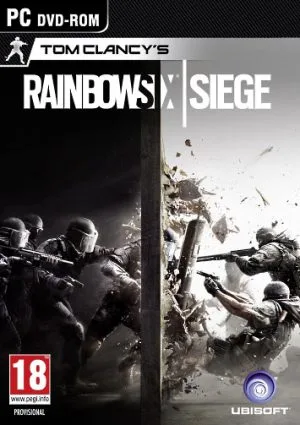 Capa do jogo Rainbow Six Siege com soldados em ação, dividida em preto e branco e colorido.