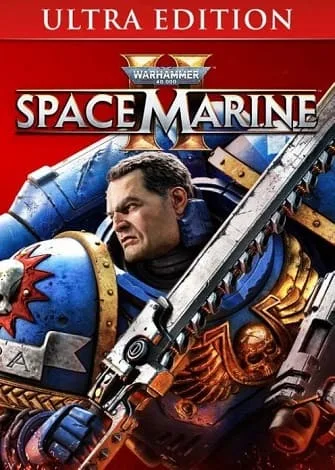 Capa do jogo Warhammer 40,000: Space Marine com soldado em armadura azul e espada.