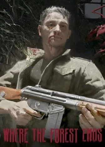 Cena de personagem com ferimentos e arma, fundo escuro, título do jogo 'Where the Forest Ends'.